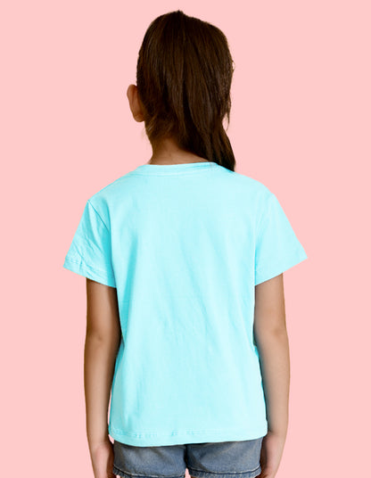 Nusyl Girl's Sky Blue Super Girl & Star Printed Regular Fit T-Shirt