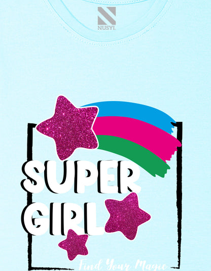 Nusyl Girl's Sky Blue Super Girl & Star Printed Regular Fit T-Shirt