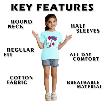 Nusyl Girl's Sky Blue Super Girl & Star Printed Regular Fit T-Shirt