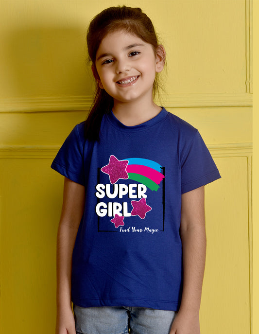 Nusyl Girl's Royal Blue Super Girl & Star Printed Regular Fit T-Shirt