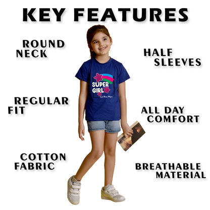 Nusyl Girl's Royal Blue Super Girl & Star Printed Regular Fit T-Shirt