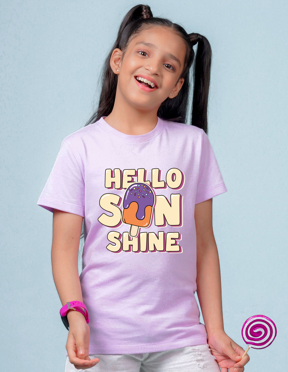 Nusyl Girl's Lilac Hello Sun Shine Text Printed Regular Fit T-Shirt
