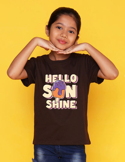 Nusyl Girl's Brown Hello Sun Shine Text Printed Regular Fit T-Shirt