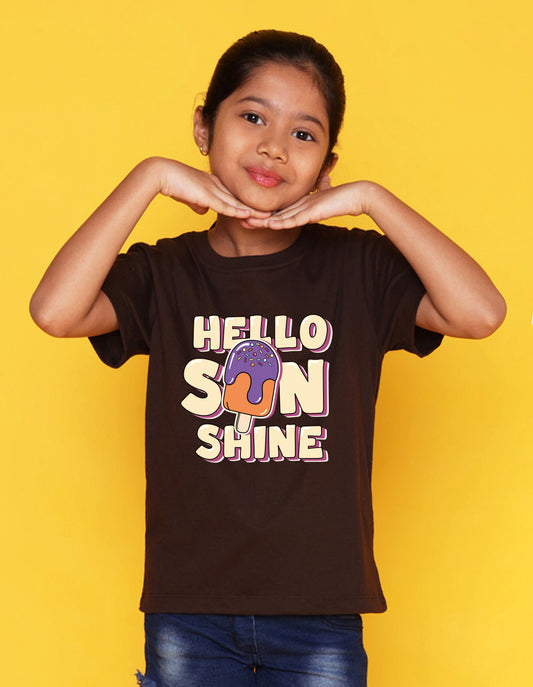 Nusyl Girl's Brown Hello Sun Shine Text Printed Regular Fit T-Shirt