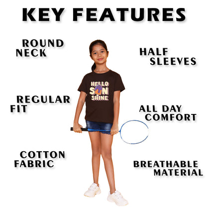 Nusyl Girl's Brown Hello Sun Shine Text Printed Regular Fit T-Shirt