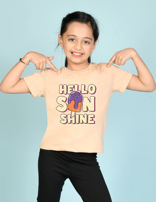 Nusyl Girl's Beige Hello Sun Shine Text Printed Regular Fit T-Shirt