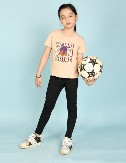Nusyl Girl's Beige Hello Sun Shine Text Printed Regular Fit T-Shirt
