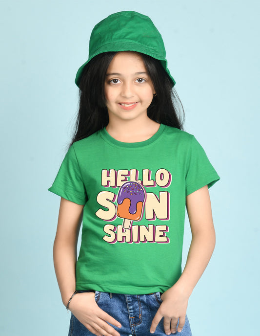 Nusyl Girl's Green Hello Sun Shine Text Printed Regular Fit T-Shirt