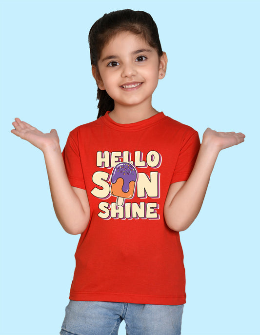 Nusyl Girl's Red Hello Sun Shine Text Printed Regular Fit T-Shirt
