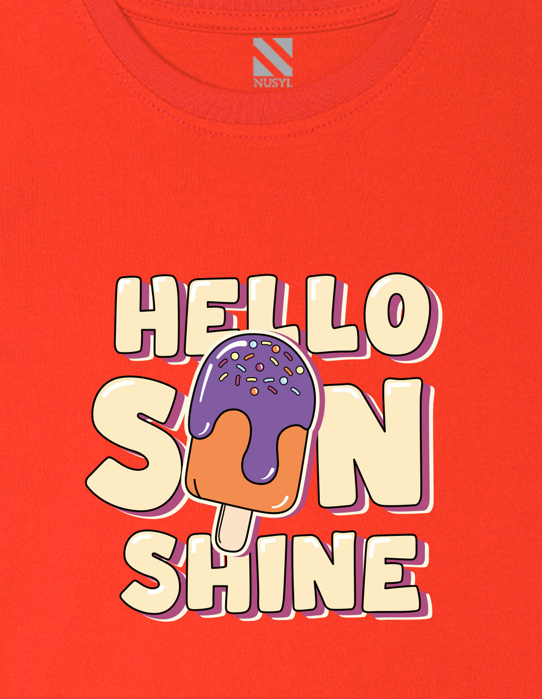 Nusyl Girl's Red Hello Sun Shine Text Printed Regular Fit T-Shirt