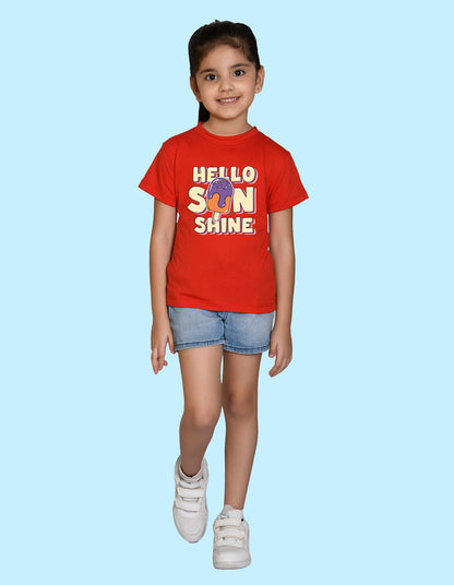 Nusyl Girl's Red Hello Sun Shine Text Printed Regular Fit T-Shirt