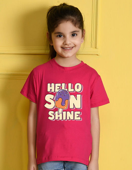 Nusyl Girl's Hot Pink Hello Sun Shine Text Printed Regular Fit T-Shirt
