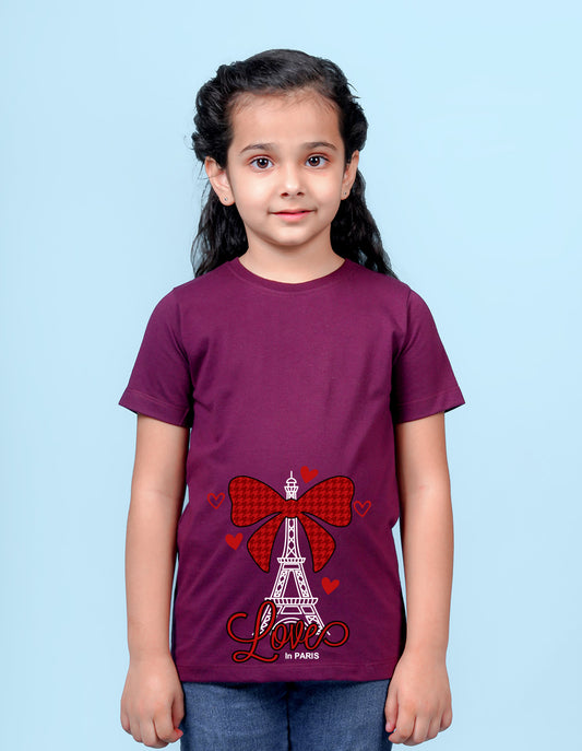 Nusyl Girl's Wine Eiffel Tower & Text Printed Regular Fit T-Shirt