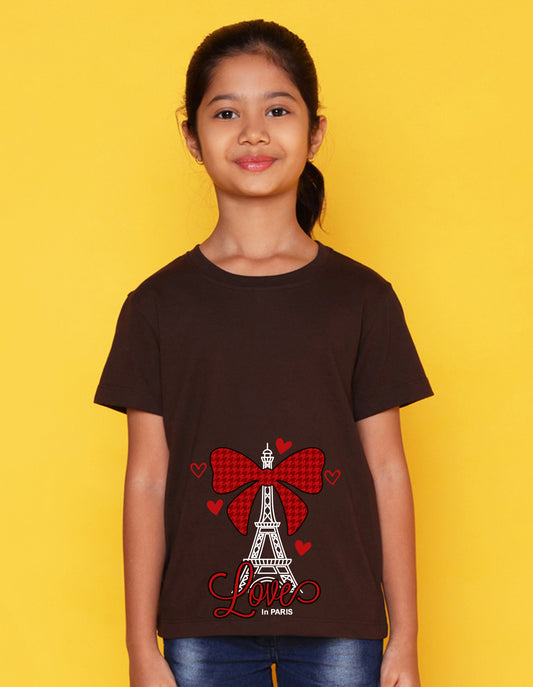Nusyl Girl's Brown Eiffel Tower & Text Printed Regular Fit T-Shirt