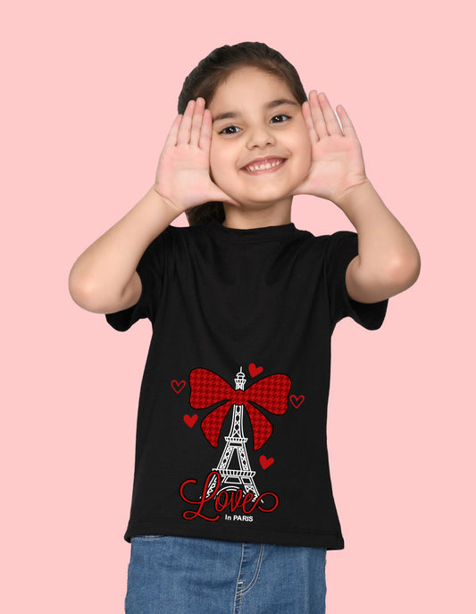 Nusyl Girl's Black Eiffel Tower & Text Printed Regular Fit T-Shirt