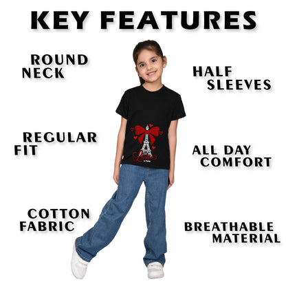 Nusyl Girl's Black Eiffel Tower & Text Printed Regular Fit T-Shirt