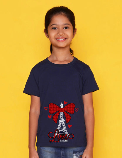 Nusyl Girl's Navy Blue Eiffel Tower & Text Printed Regular Fit T-Shirt