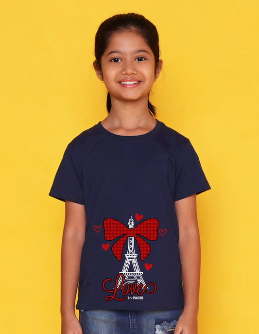 Nusyl Girl's Navy Blue Eiffel Tower & Text Printed Regular Fit T-Shirt