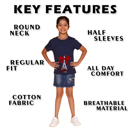 Nusyl Girl's Navy Blue Eiffel Tower & Text Printed Regular Fit T-Shirt