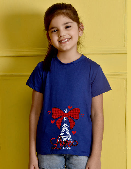 Nusyl Girl's Royal Blue Eiffel Tower & Text Printed Regular Fit T-Shirt