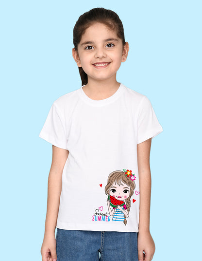 Nusyl Girl's White Cute Girl & Text Printed Regular Fit T-Shirt