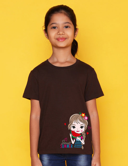 Nusyl Girl's Brown Cute Girl & Text Printed Regular Fit T-Shirt