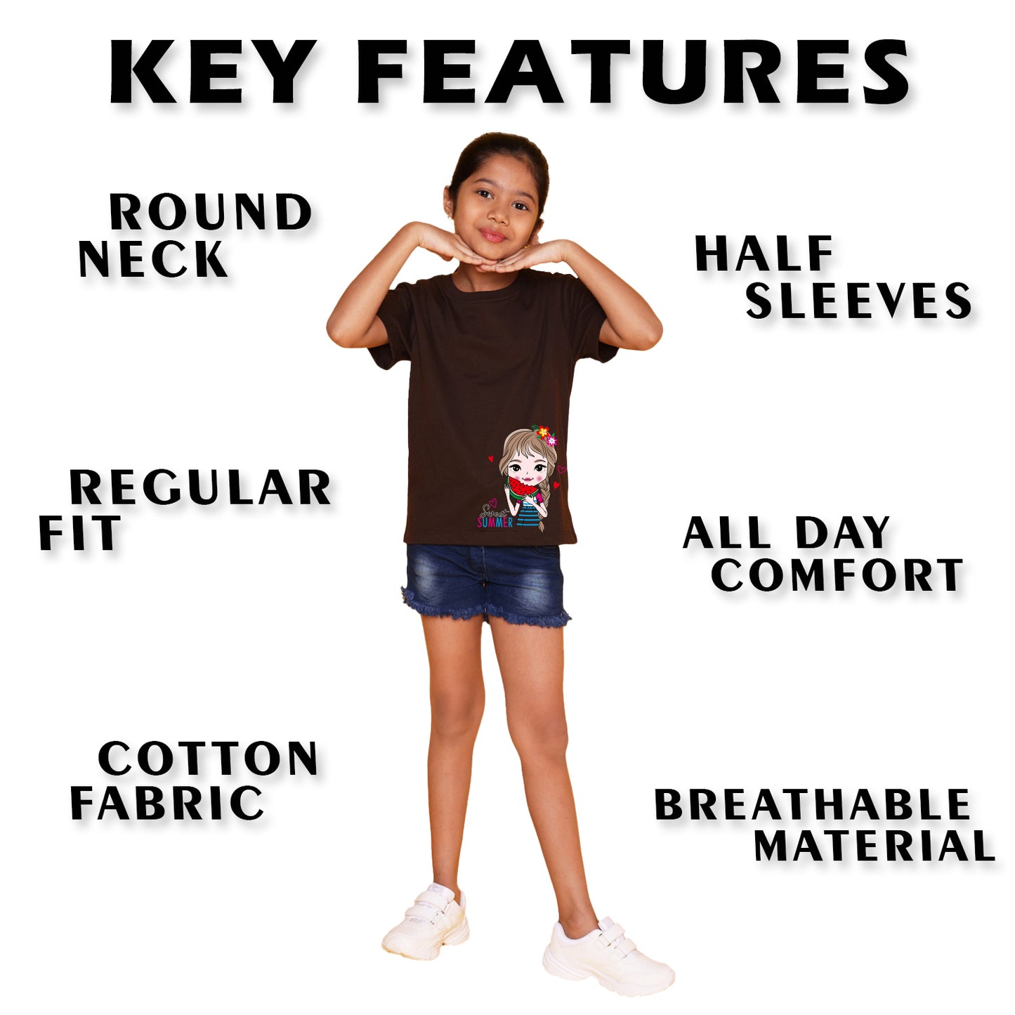 Nusyl Girl's Brown Cute Girl & Text Printed Regular Fit T-Shirt
