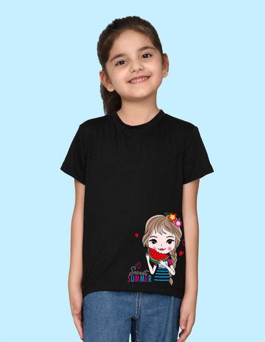 Nusyl Girl's Black Cute Girl & Text Printed Regular Fit T-Shirt
