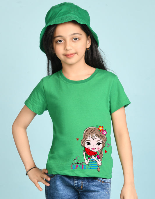 Nusyl Girl's Green Cute Girl & Text Printed Regular Fit T-Shirt