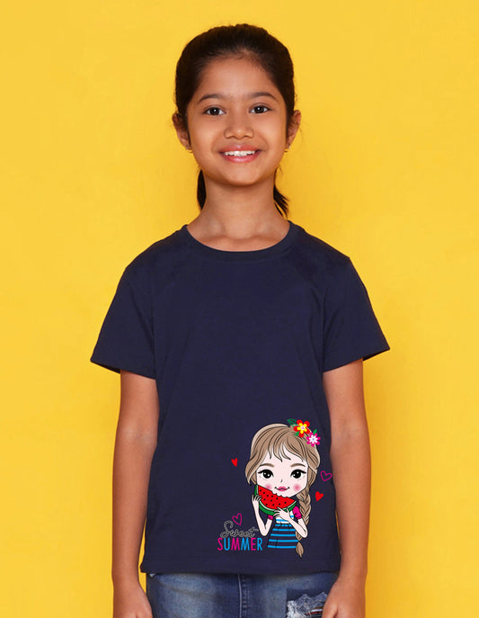 Nusyl Girl's Navy Blue Cute Girl & Text Printed Regular Fit T-Shirt