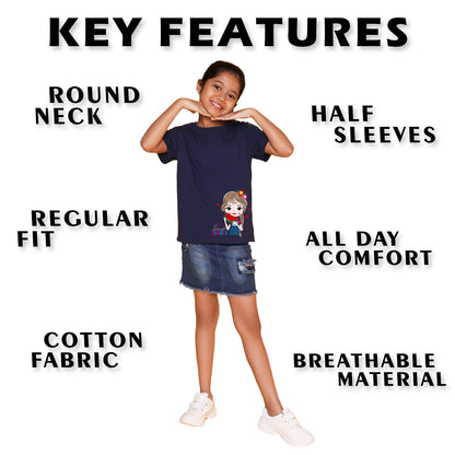 Nusyl Girl's Navy Blue Cute Girl & Text Printed Regular Fit T-Shirt