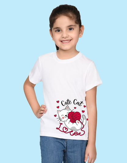 Nusyl Girl's White Cute cat Printed Regular Fit T-Shirt