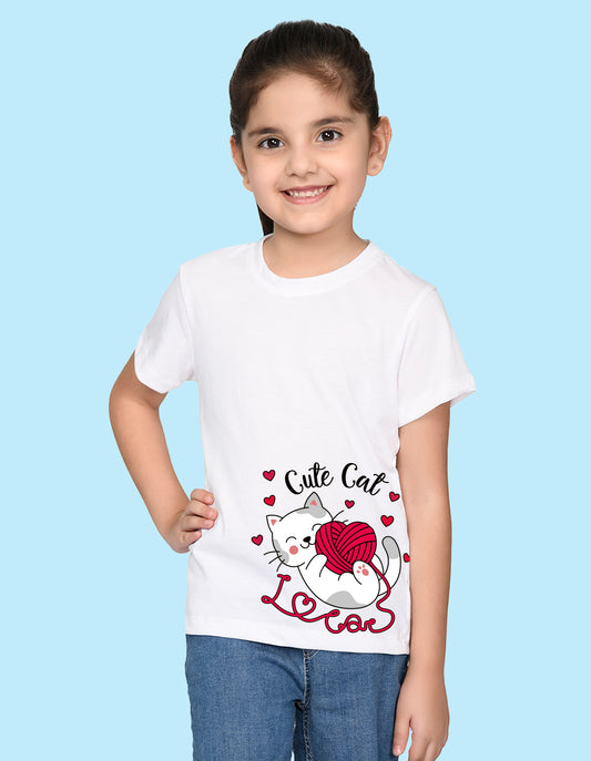 Nusyl Girl's White Cute cat Printed Regular Fit T-Shirt