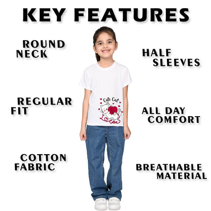Nusyl Girl's White Cute cat Printed Regular Fit T-Shirt
