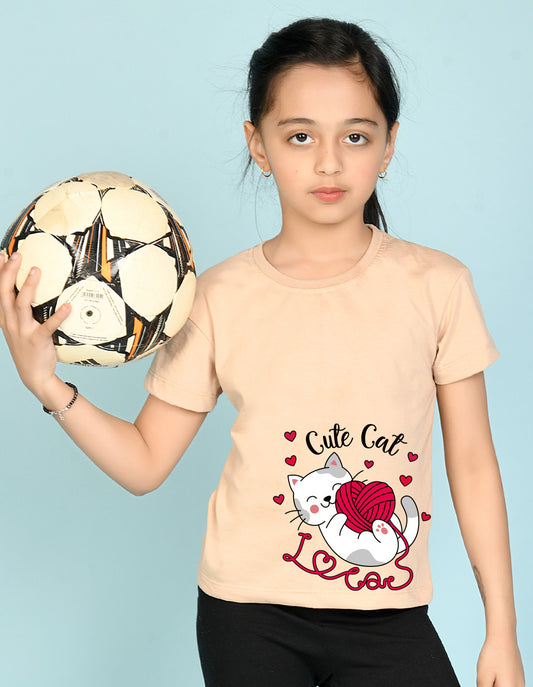 Nusyl Girl's Beige Cute cat Printed Regular Fit T-Shirt