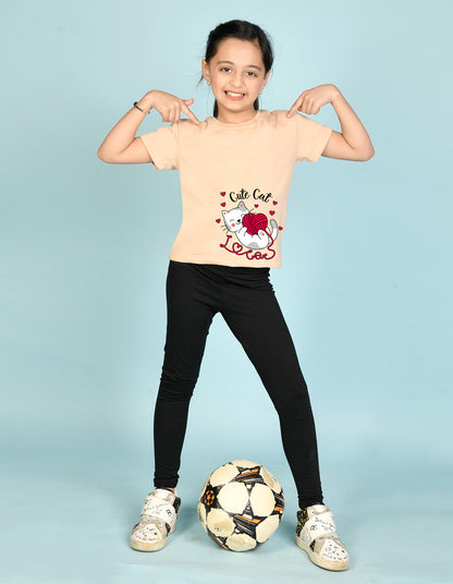 Nusyl Girl's Beige Cute cat Printed Regular Fit T-Shirt