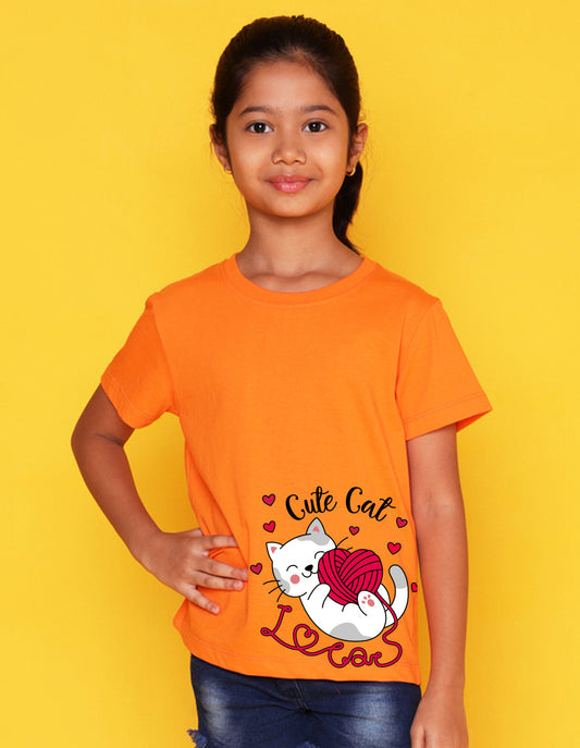 Nusyl Girl's Orange Cute cat Printed Regular Fit T-Shirt