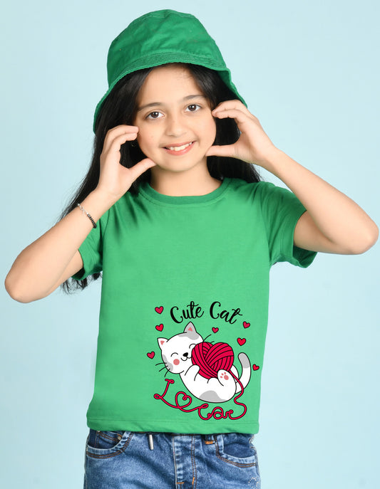 Nusyl Girl's Green Cute cat Printed Regular Fit T-Shirt