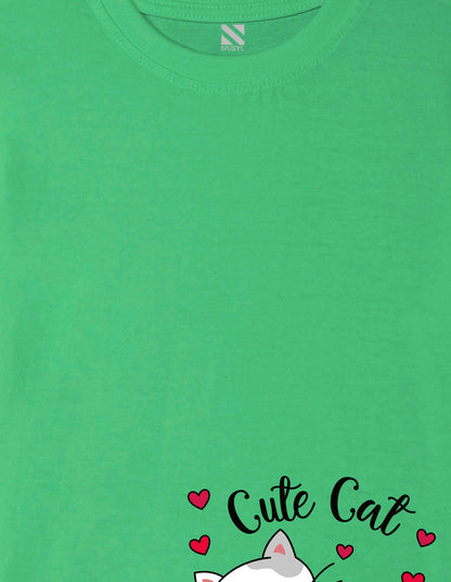 Nusyl Girl's Green Cute cat Printed Regular Fit T-Shirt