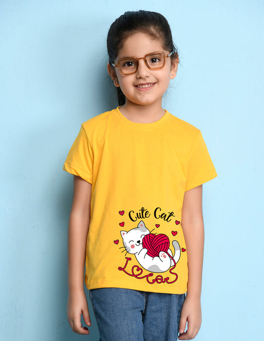 Nusyl Girl's Yellow Cute cat Printed Regular Fit T-Shirt
