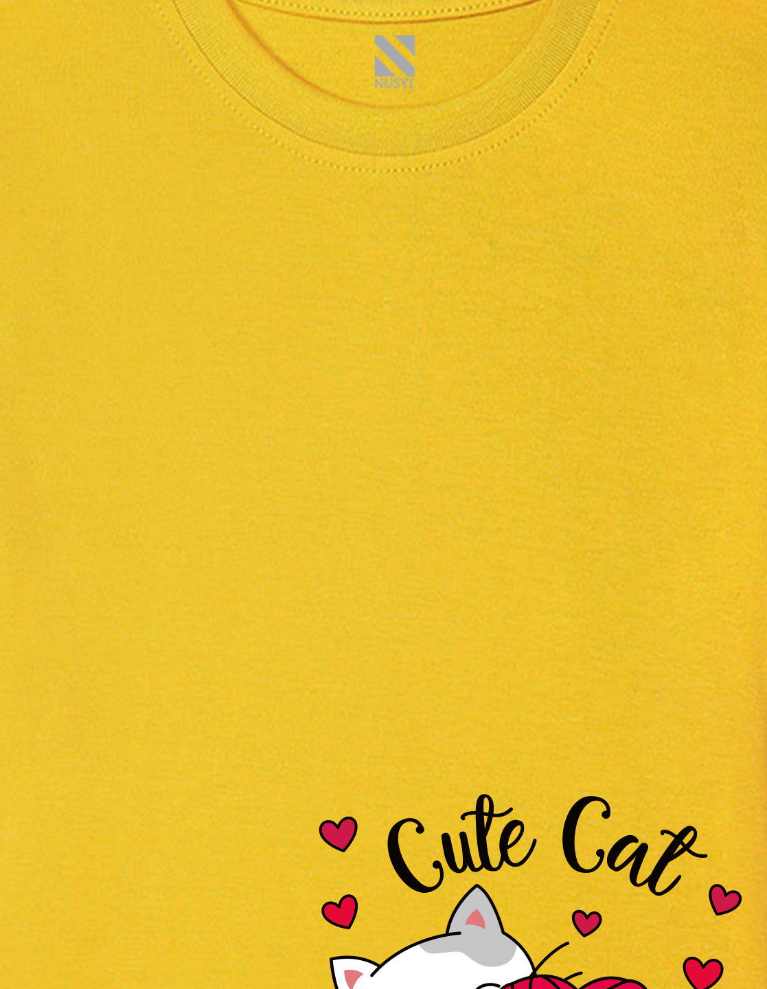 Nusyl Girl's Yellow Cute cat Printed Regular Fit T-Shirt