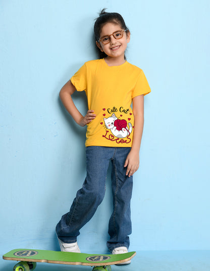 Nusyl Girl's Yellow Cute cat Printed Regular Fit T-Shirt