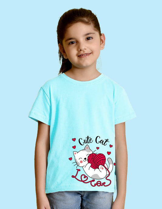 Nusyl Girl's Sky Blue Cute cat Printed Regular Fit T-Shirt