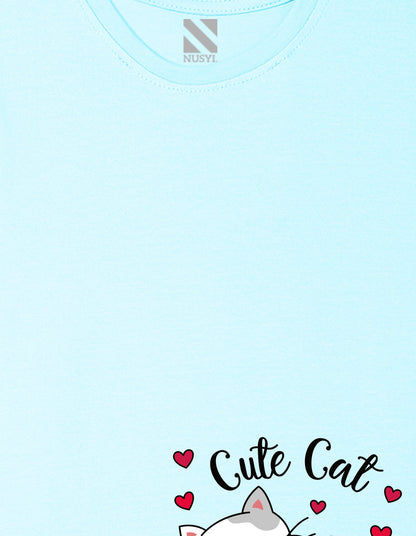 Nusyl Girl's Sky Blue Cute cat Printed Regular Fit T-Shirt