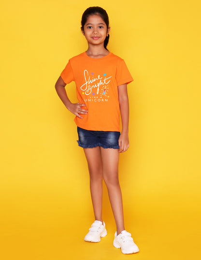 Nusyl Girl's Orange Shine Bright Text Printed Regular Fit T-Shirt