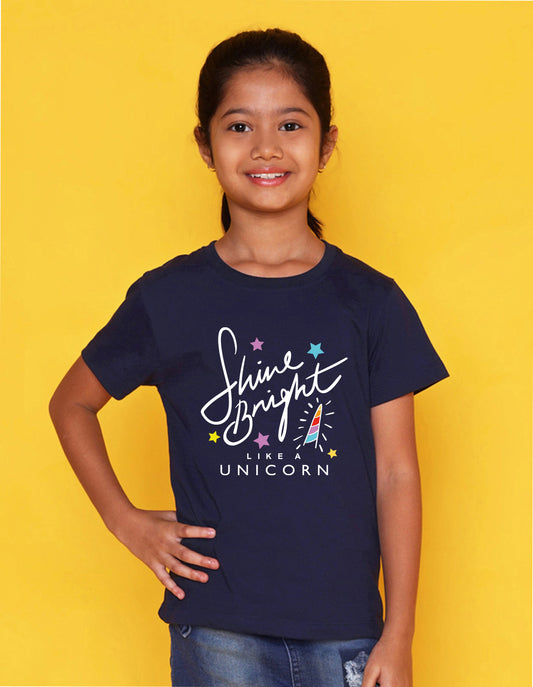 Nusyl Girl's Navy Blue Shine Bright Text Printed Regular Fit T-Shirt