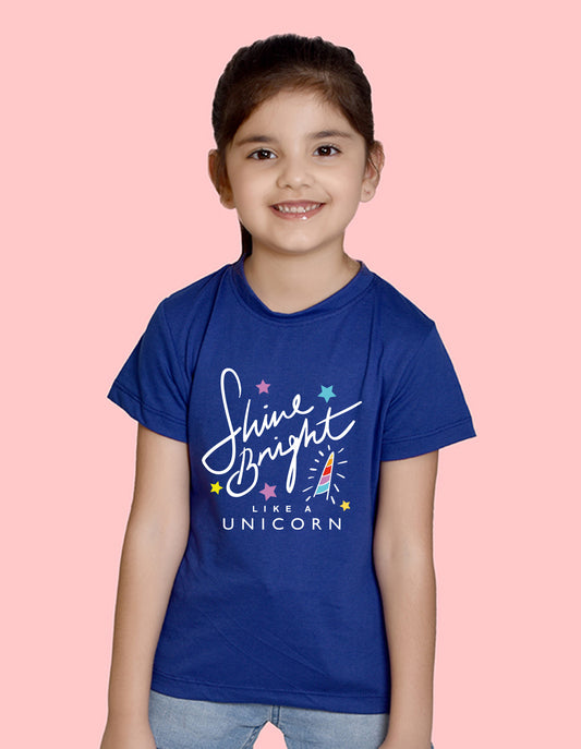 Nusyl Girl's Royal Blue Shine Bright Text Printed Regular Fit T-Shirt