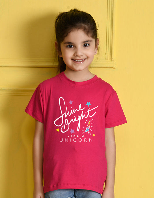 Nusyl Girl's Hot Pink Shine Bright Text Printed Regular Fit T-Shirt