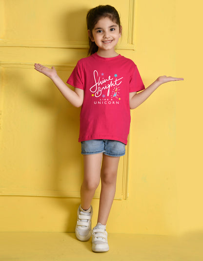 Nusyl Girl's Hot Pink Shine Bright Text Printed Regular Fit T-Shirt