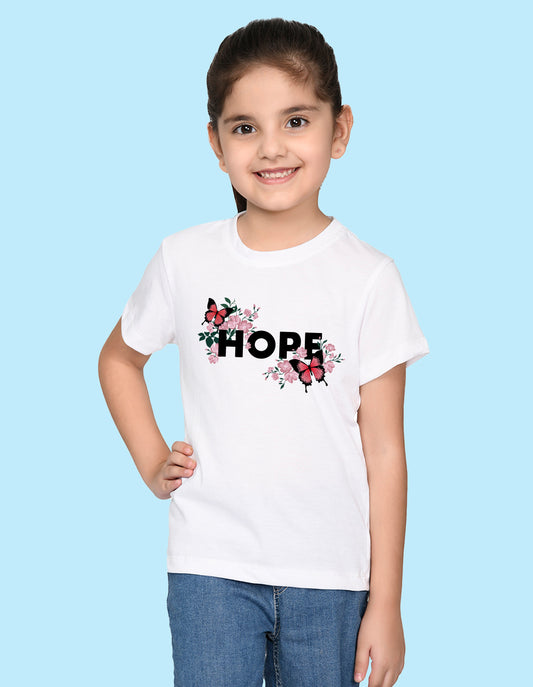 Nusyl Girl's White Butterfly & Hope Text Printed Regular Fit T-Shirt